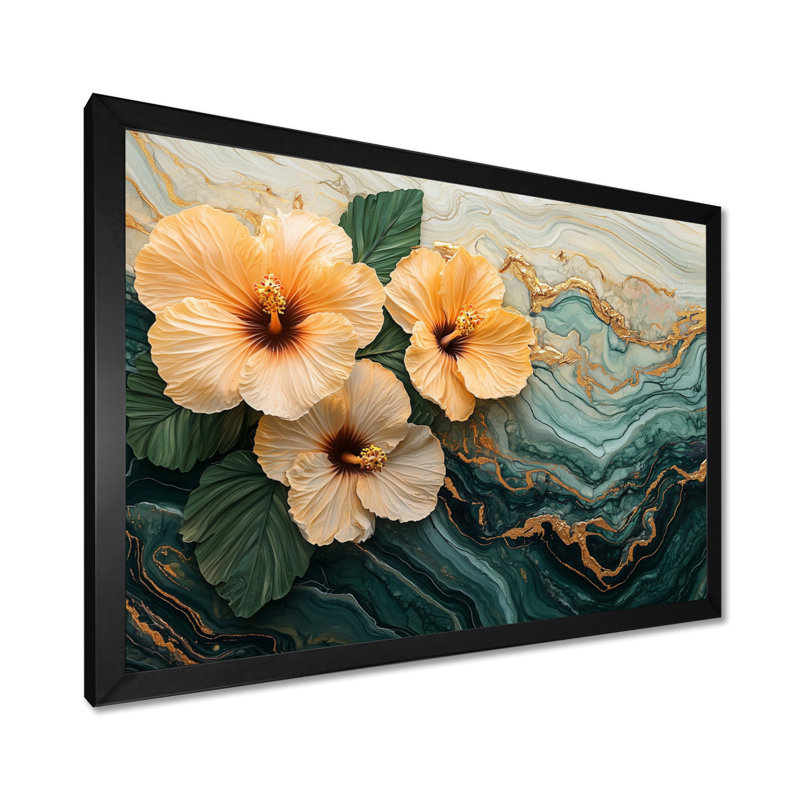 Colmon Hibiscus Flowers Field On A Emerald Stone I - Hibiscus, art mural sur toile, Reproduction encadrée d'une seule photo