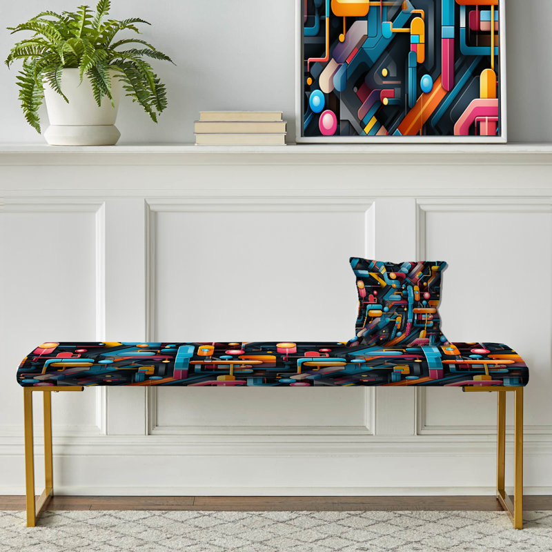 Geometric Upholstered Gold Bench, Colorful Futuristic Striped Pattern