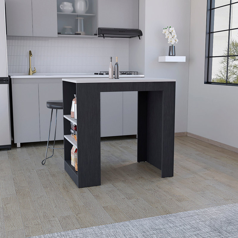 Kitchen Island with 3-Side Shelves, Black