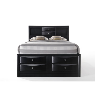 Storage Bed For Queen, Black Finish, Bookcase Headboard With 28 - Inch Top And Base, 5 Platform Boards Queen Storage, 8 Drawers In Frame, Slats, No Box Spring Needed
