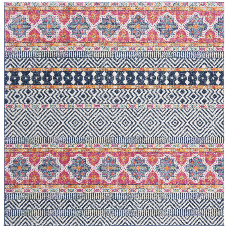 Tapis bleu marine / ivoire à motif géométrique Felty, Carré 9 pi