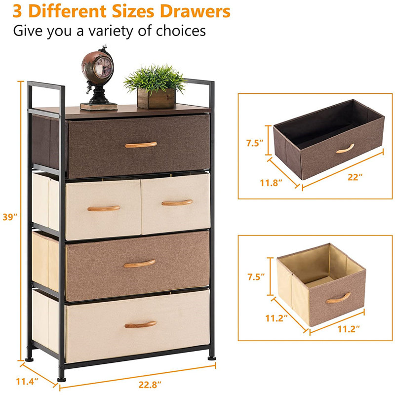 Commode 5 tiroirs l 22,8 po, Crème / brun