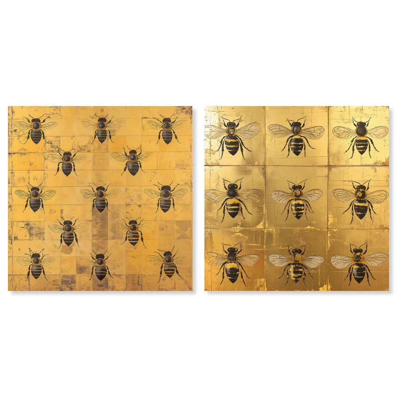 Bees doré ensemble de 2 ensembles de décorations murales sur toile par Art Remedy, H 12 po x l 12 po, Toile tendue