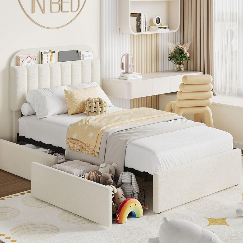 Platform Bed with Boucle Upholstery, 2 Under-Bed Storage Drawers & Bookcase Headboard – Kids/Girls Bedroom, Easy Assembly, Noise-Free, No Box Spring Needed