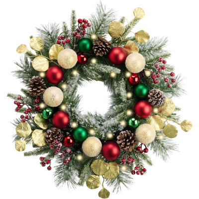  Couronne de Noël pré-éclairée de 20 po pour porte d'entrée avec guirlande de Noël lumineuse et lumineuse avec boule de Noël rouge et or rouge Branches de pin Norfolk pour porche de maison