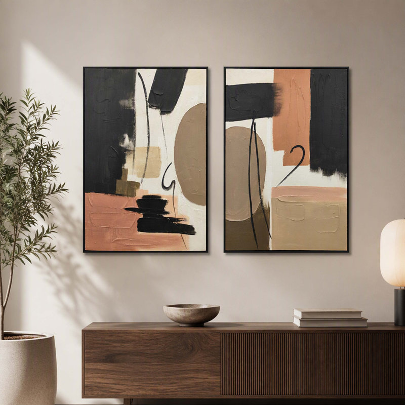Ensemble de 2 peintures murales abstraites encadrées et texturées, empasto, dans des tons de noir beige et de terre cuite