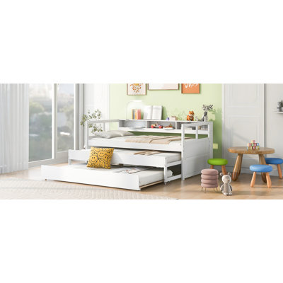 Lit de jour simple TG avec 2 lits gigognes, 3 rangements, port et bois, blanc, espace peu encombrant, structure en bois robuste, économie