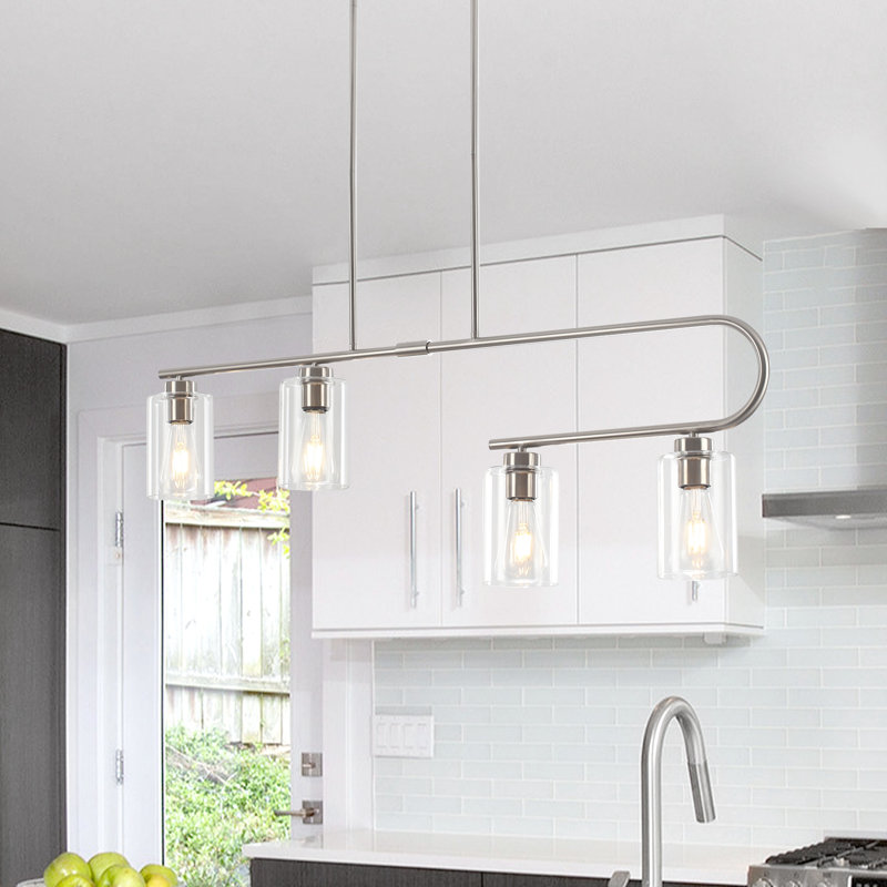 4 - Light Classic Glass Shade Kitchen Island Chandelier, Satin Nickel
