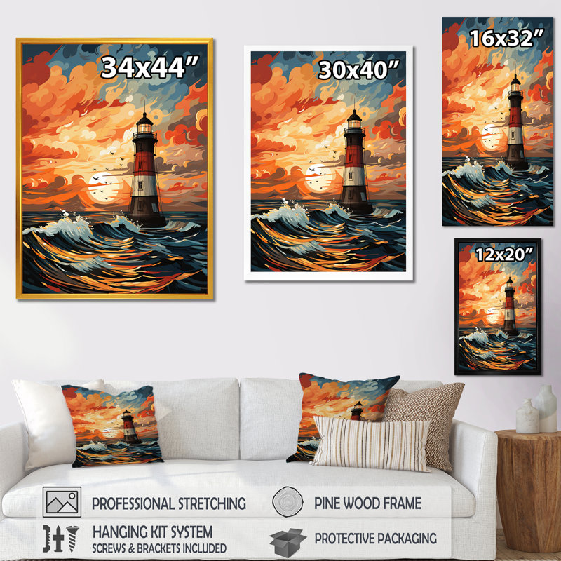 «Coastal Stormy Sunset Lighthouse Breeze I», art mural phares, Cadre flottant noir, H 32 po x l 24 po x P 1 po