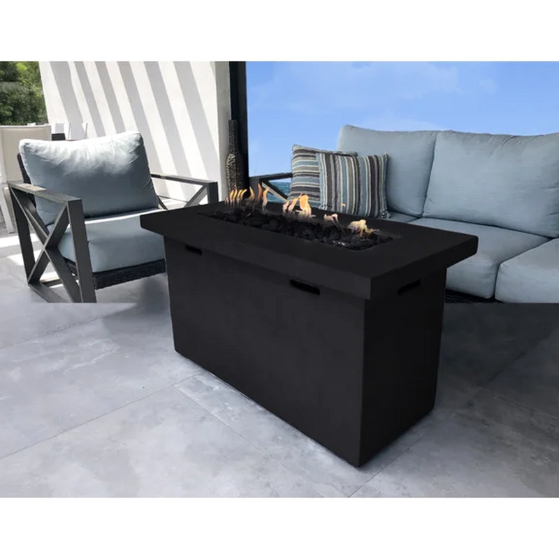 Table de foyer d'extérieur l 42 po en béton - H 25 po, style moderne, à bouton-poussoir avec pierres de lave incluses H x pour les espaces rouille et intempéries, flamme réglable