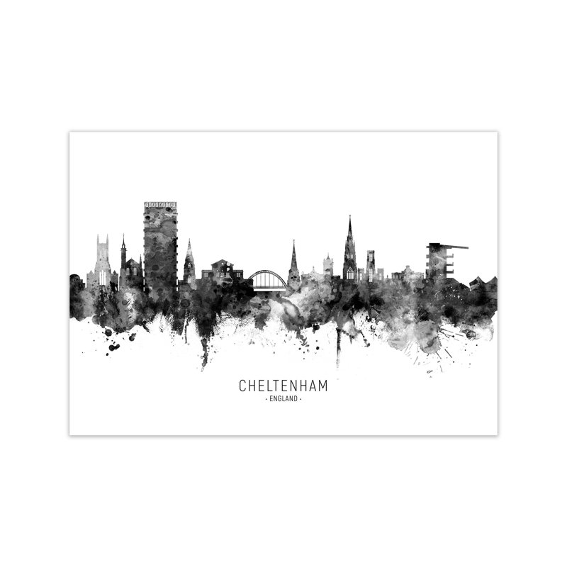 Cheltenham England Skyline Black White City Name by Michael Tompsett - Print, 60cm H x 84cm W x 1cm D, Unframed
