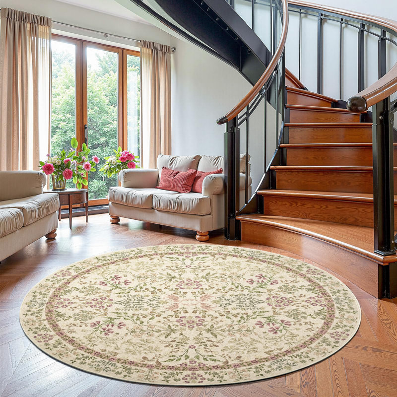 Floral Machine Washable Area Rug, Round 6'
