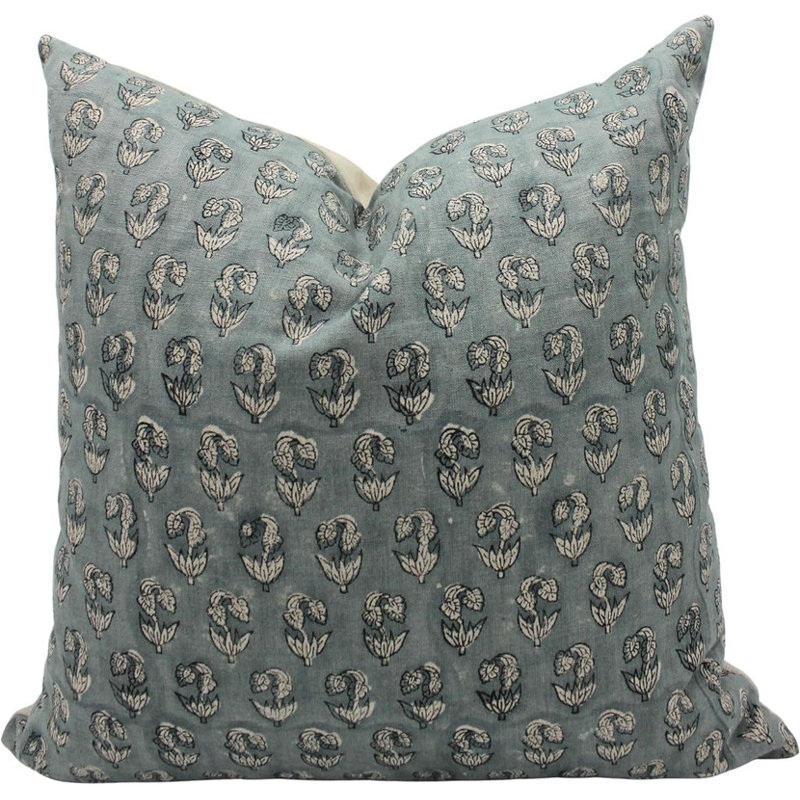 Linen Block Print 20x20 Cushion Cover, Decorative Throw Pillowcase, Floral Print Linen Cushion - SUPERSTAR, 20" x 20"
