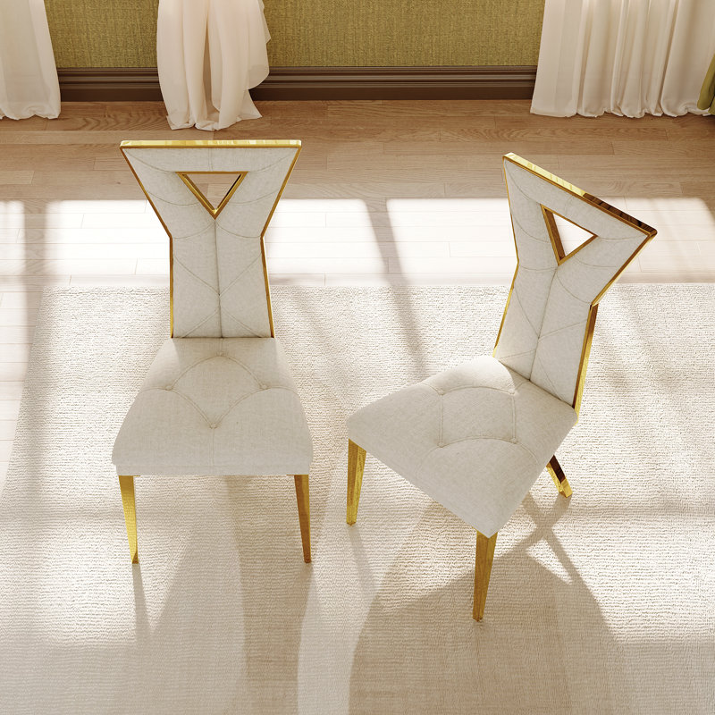 Chaises de salle à manger de luxe en velours avec pieds argentés en miroir, Doré, Blanc