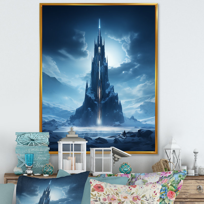 Citadelle bleue, château fort, art mural, Cadre flottant doré, 40" H x 30" W