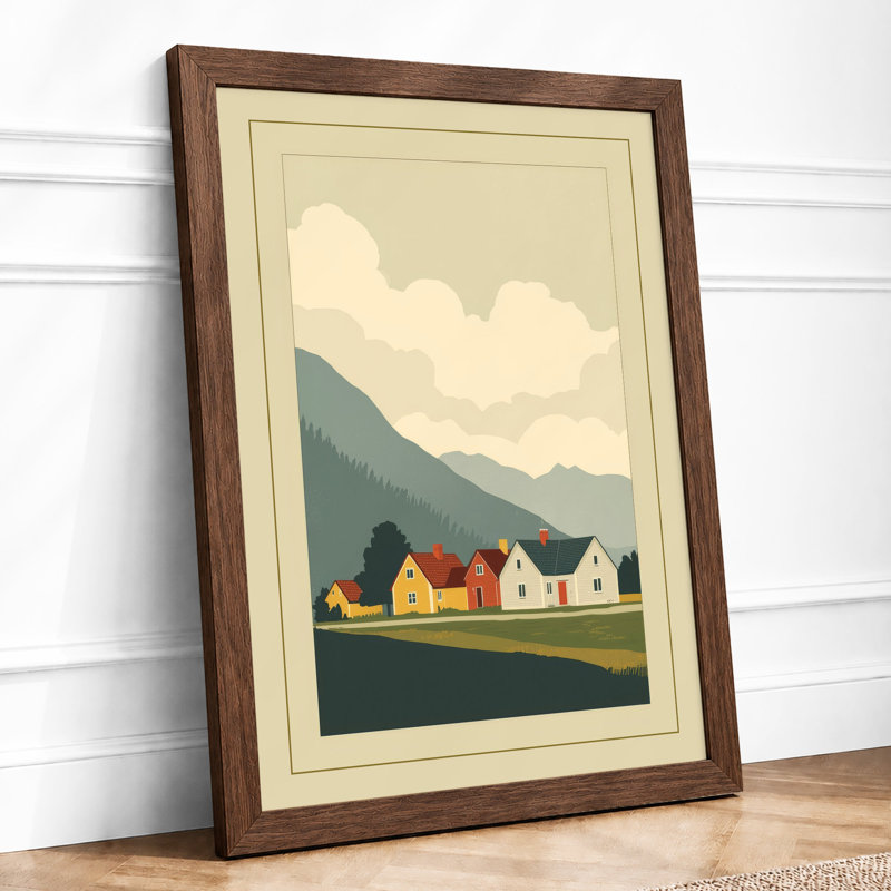 Houses and Mountains Scandinavian - Framed Print, A2 - 59.4 x 42.0 cm, Walnut