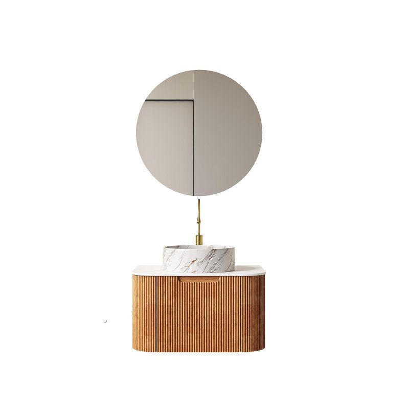 Meuble-lavabo de salle de bain 24 po avec évier, lavabo à fixation murale à bords arrondis flottants avec tiroir, lavabo en céramique blanc avec motif de pierre, préassemblé, couleur Dinura