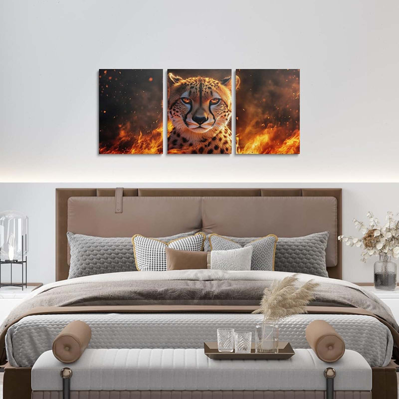 Cheetah Wall Posters Room Decor Fire Cool Framed Canvas Kitchen Wall Art 3D Leopard Africa Animal Office Bathroom Wall Art House Decor,3 Piece 12X16 Inch