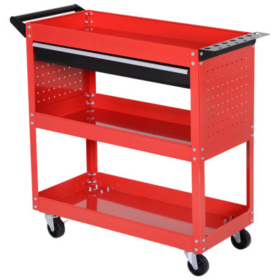 DURHAND 3-Tier Tool Trolley Cart Roller Cabinet On Wheels with Drawer Red