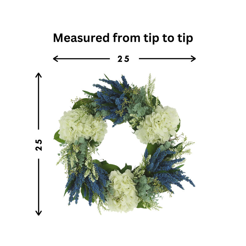 24" Hydrangea, Heather And Eucalyptus Wreath, Blue/Green/White