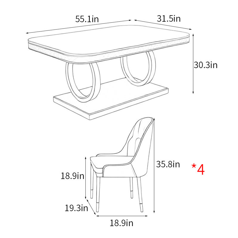 Italian style luxury rectangular dining table sets, 30.3"H x 55.1"L x 31.5"W, White