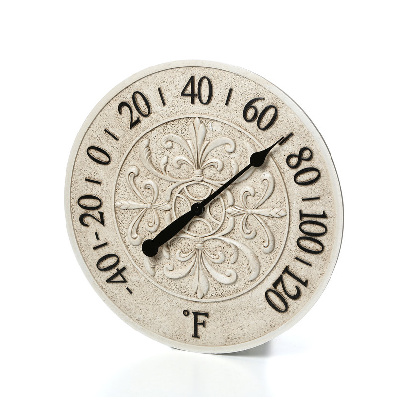 Thermomètre d'extérieur rond Blanc Fleur 15 pouces, Blanc cassé