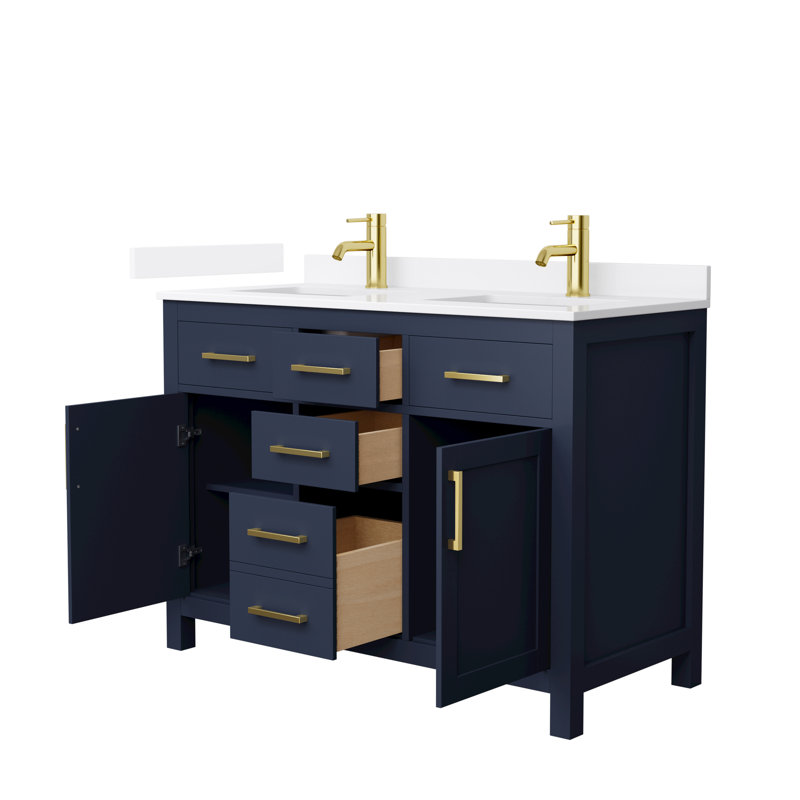 Beckett 48" Freestanding Double Bathroom Vanity with Quartz Top, Dark Blue, Brushed Gold, White Quartz