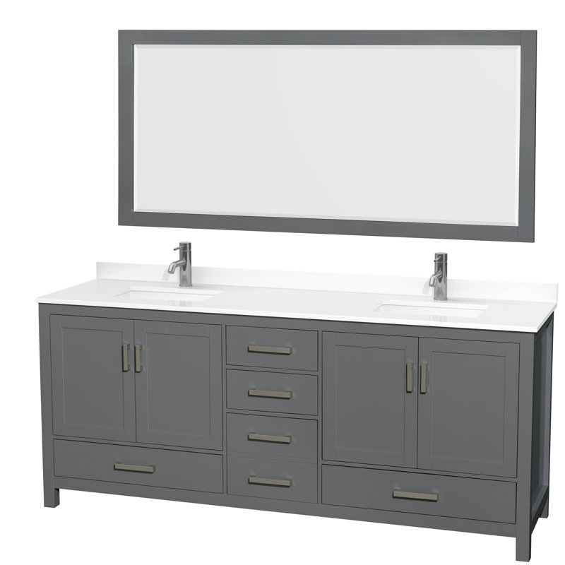 Ensemble de meuble-lavabo double autoportant 80 po avec plateau en quartz Sheffield et miroir 70 po, Quartz blanc, Gris foncé