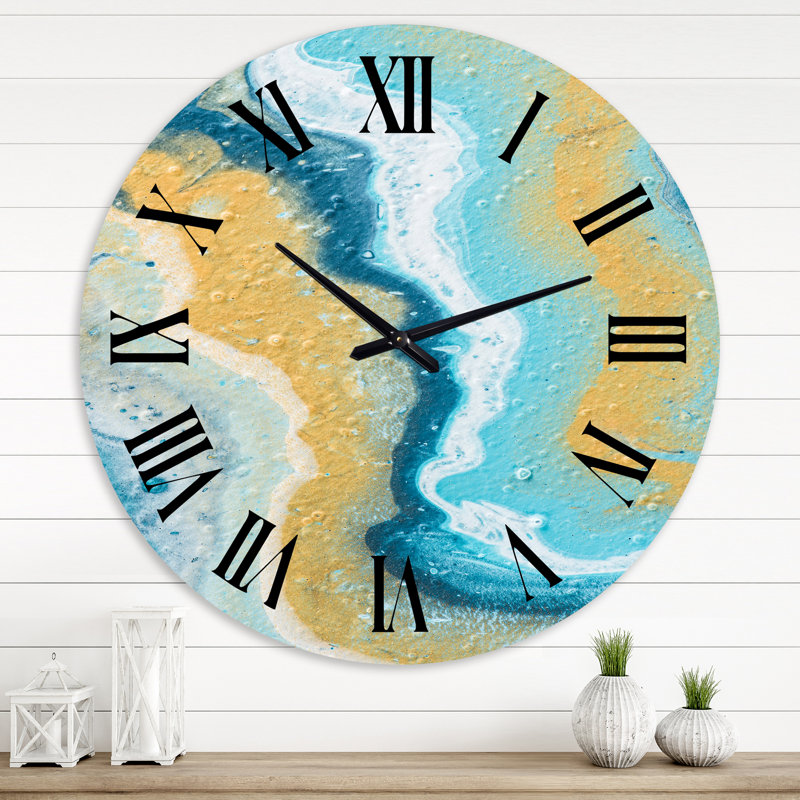 Composition abstraite de marbre jaune et bleu III - horloge murale moderne, Grand