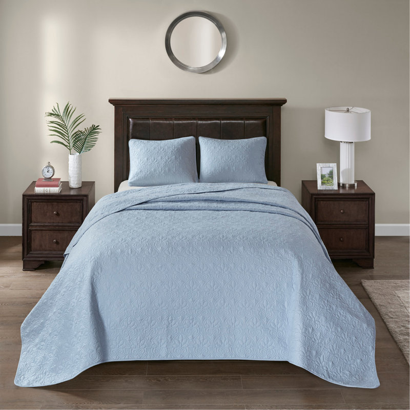 Ensemble de couvre-lit réversible très grand bleu, Couvre-lit de très grande taille et 2 taies déco, Motif floral bleu