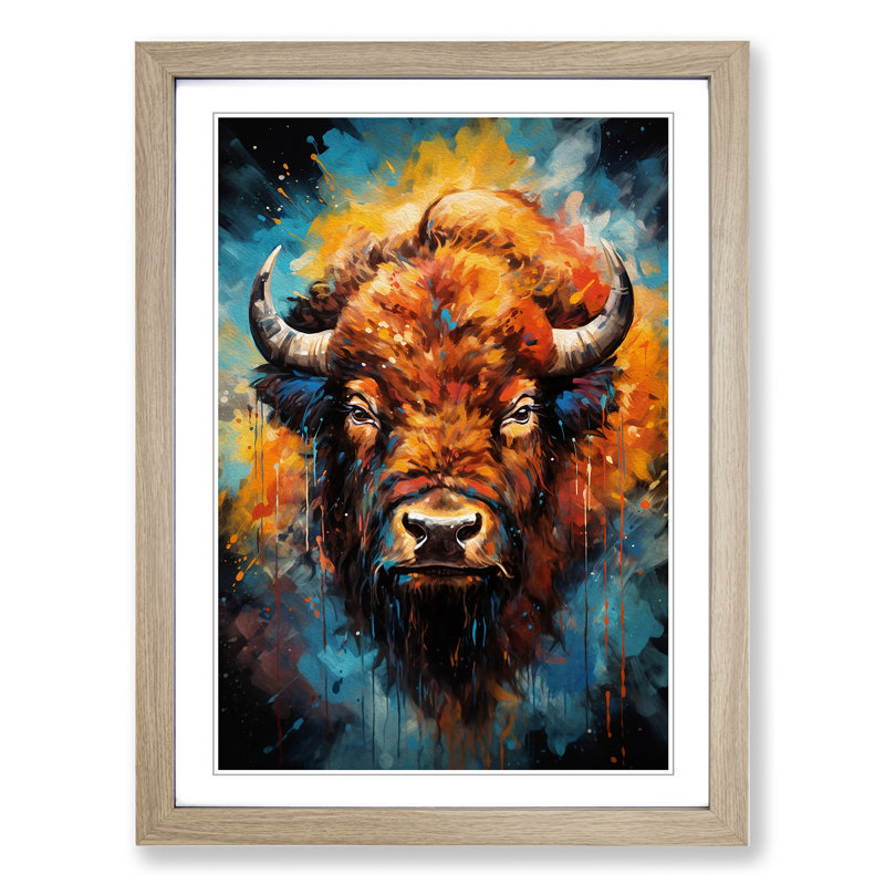 Bison Abstract Art - Framed Print, 34cm H x 25cm W x 2cm D, Oak Framed