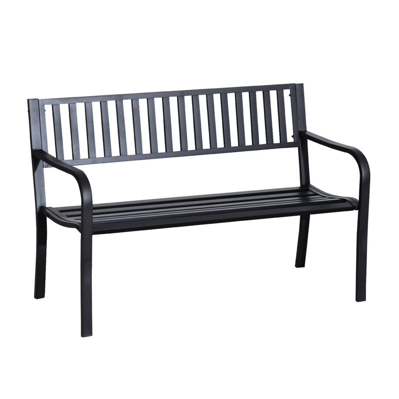 50" Metal Patio Bench In Black, Slatted Seat For Outdoor Garden, Backyard, Pool Area, Lawn. & Fashionable, Accommodates 2 Persons, Easy To Clean Once A While Poolside Backyard - Black With Seat.
