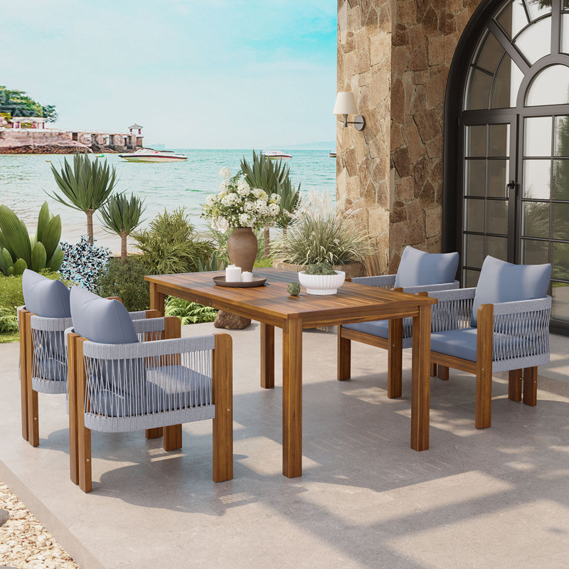 Ardessa 4-Person Modern Coastal Outdoor Patio Dining Set with Handwoven Rope Chairs, Solid Acacia Wood Table, Cushions & Adjustable Legs for Garden, Backyard, Poolside