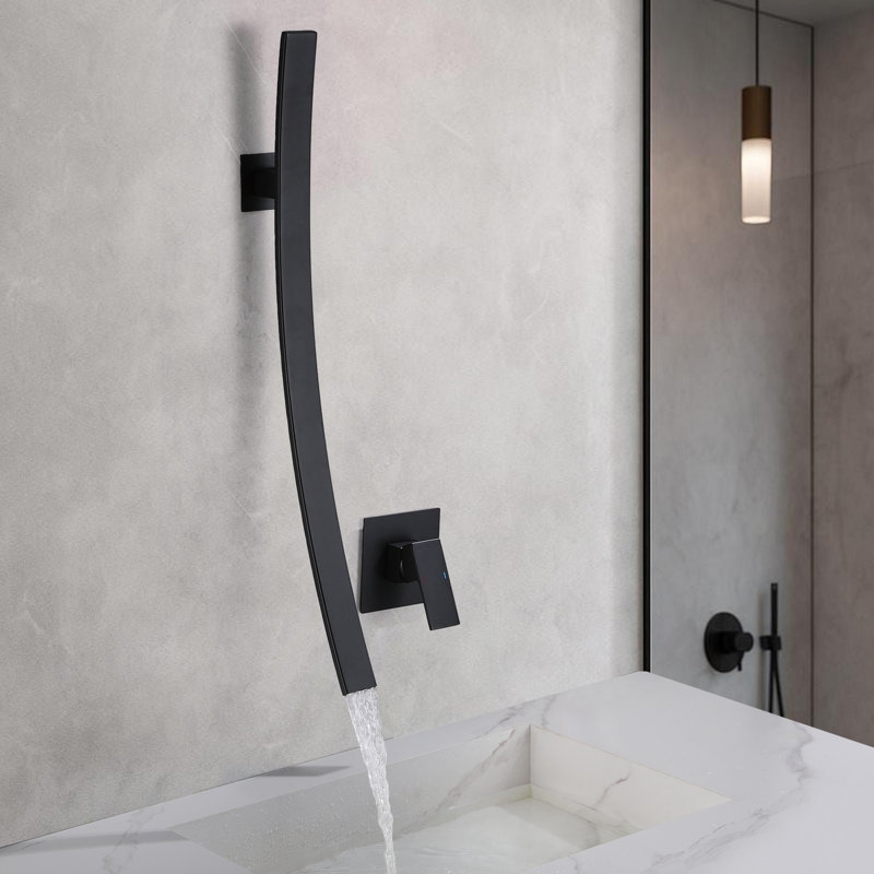Wall Mounted Waterfall Bathroom Sink Faucet With Single Handle And Optional Drain Assembly, Matte Black, Without Drain