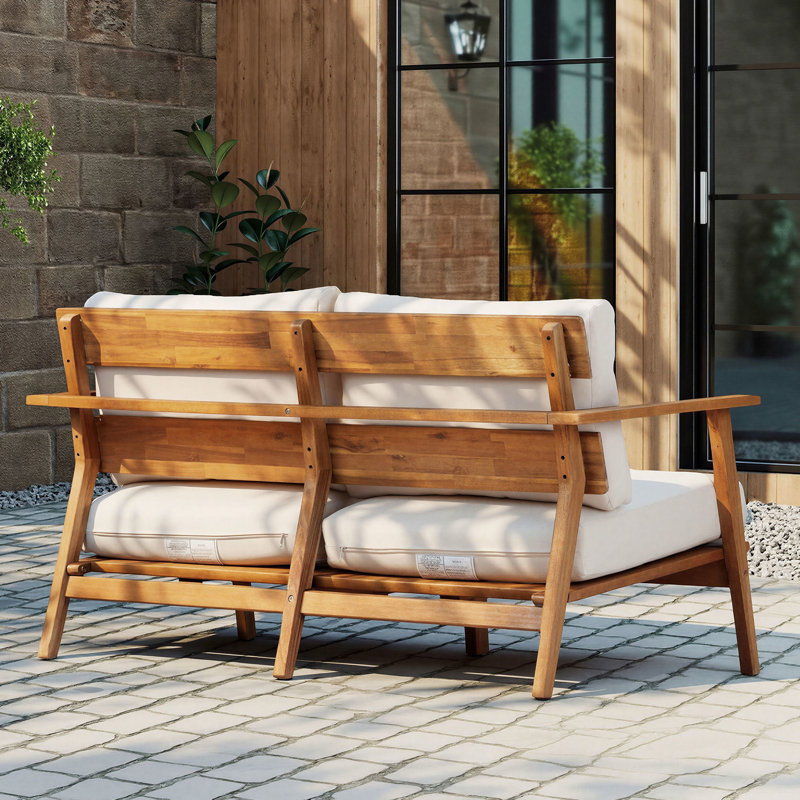 Ensemble de patio d'extérieur 2 pièces en acacia Mid-Century avec causeuse et table basse