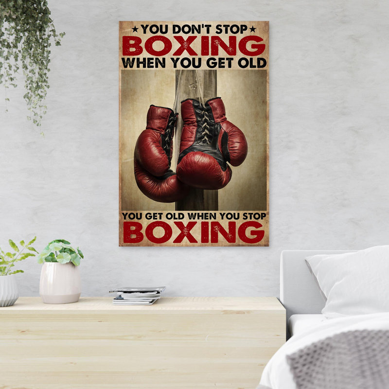 Gants de boxe rouges sur fond brun - You Don't Stop Boxing - 1 pièce, impression d'art graphique rectangulaire sur toile tendue