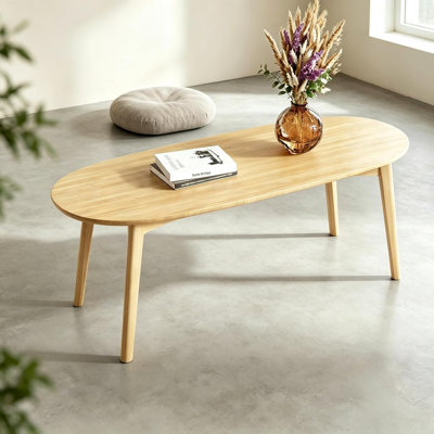 Table basse ovale en bambou de style moderne du milieu du siècle - Pieds en bois massif, couleur bois naturel - Table basse idéale pour le salon