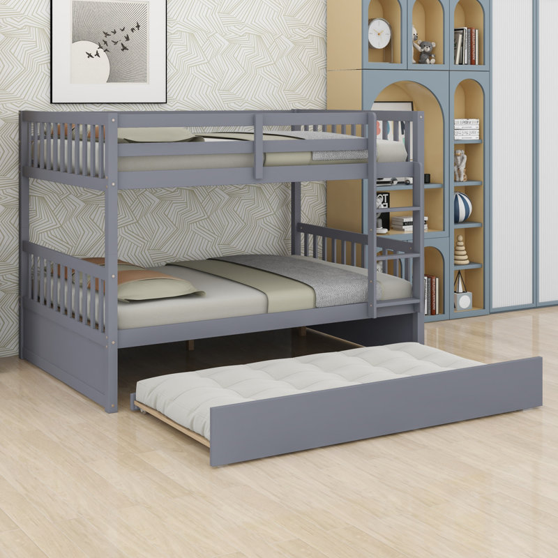 Bunk Bed with Trundle, Ladder and Guardrails, Convertible to Two Individual Bed