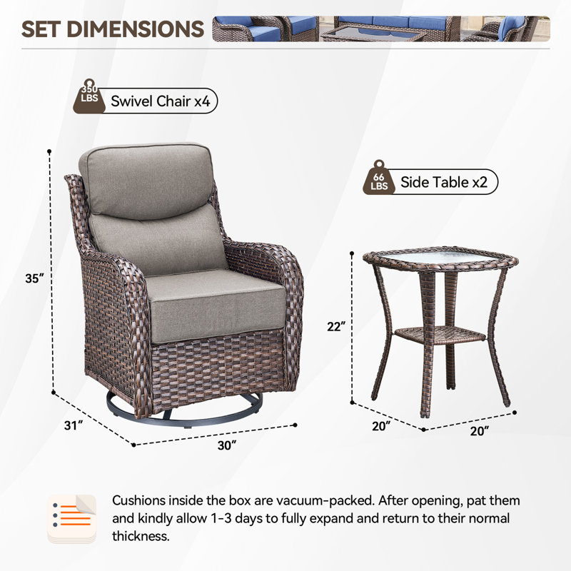 Meriline 4 - Person Outdoor Wicker Conversation Set With Swivel & Glider Chairs And Tempered Glass Side Table, Brown, Gray