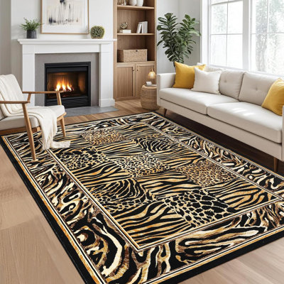 Leopard Rug 5x7 Washable, Soft Leopard Patchwork Print Living Room Large Rug Carpet Non-Slip Low Pile Carpet for Office Bedroom Dining Room, Brown