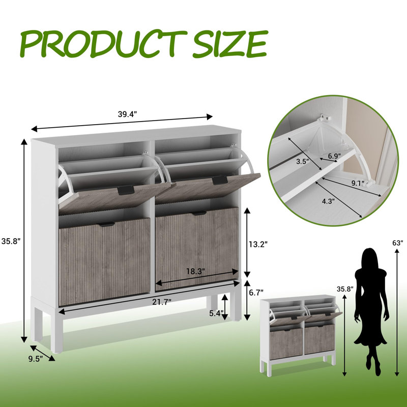 Fluted Shoe Cabinet with 4 Flip Drawers, Slim Hidden Shoe Storage Organizer with Metal Legs for Entryway, White & Gray