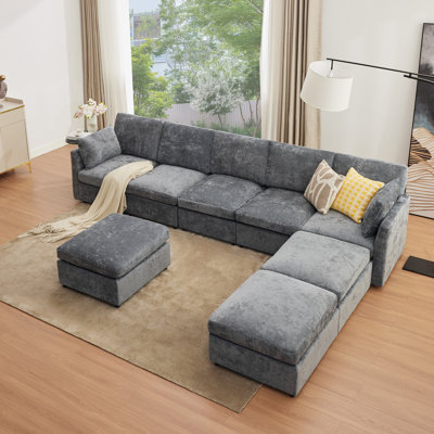 128.61" Modern 8 Seats Upholstered Cloud Sectional Sofa With Ottomans