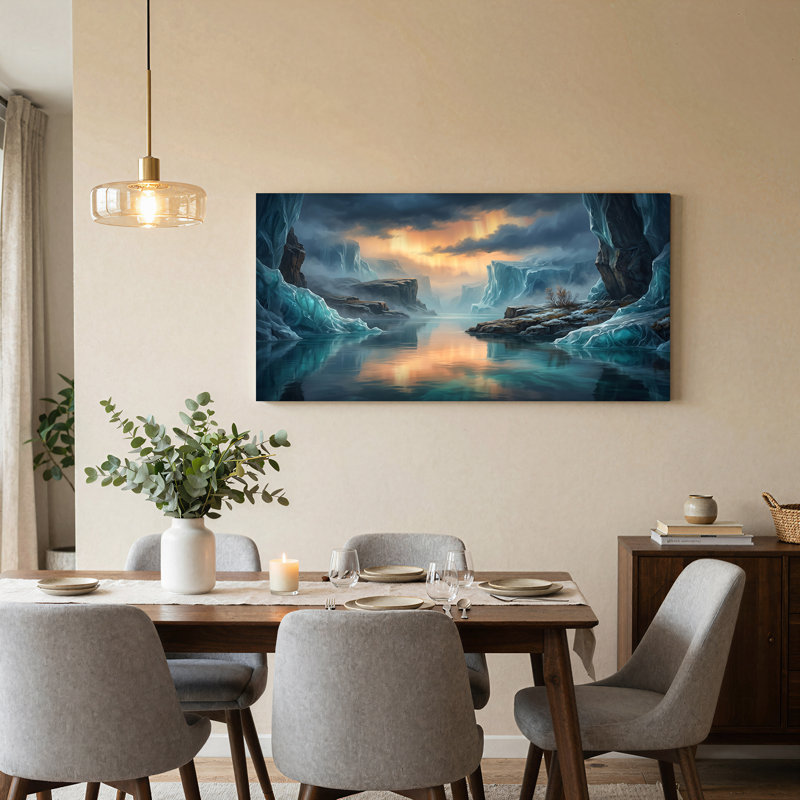 Frozen River and Icy Cliff with Golden Sky, art mural sur toile, L 40 po x H 20 po