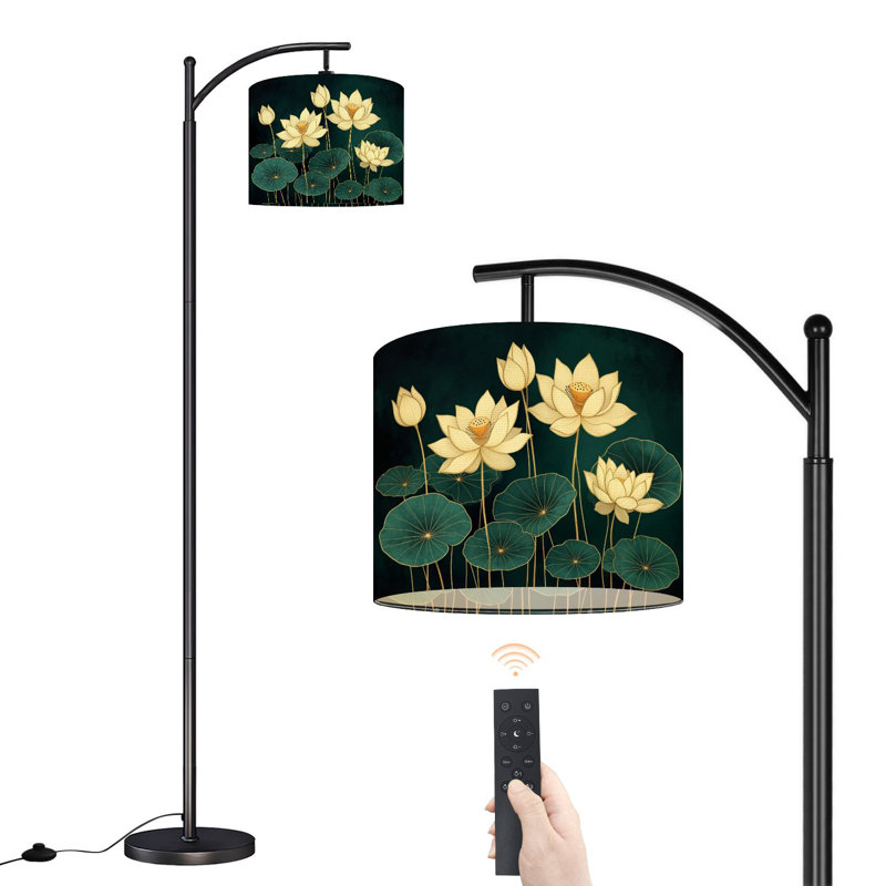 Lampe sur pied à arc avec abat-jour réglable Fleurs de lotus dorées Feuilles sarcelle foncé Élégante lampe sur pied 3 températures de couleur à intensité variable avec poteau pour la chambre à coucher