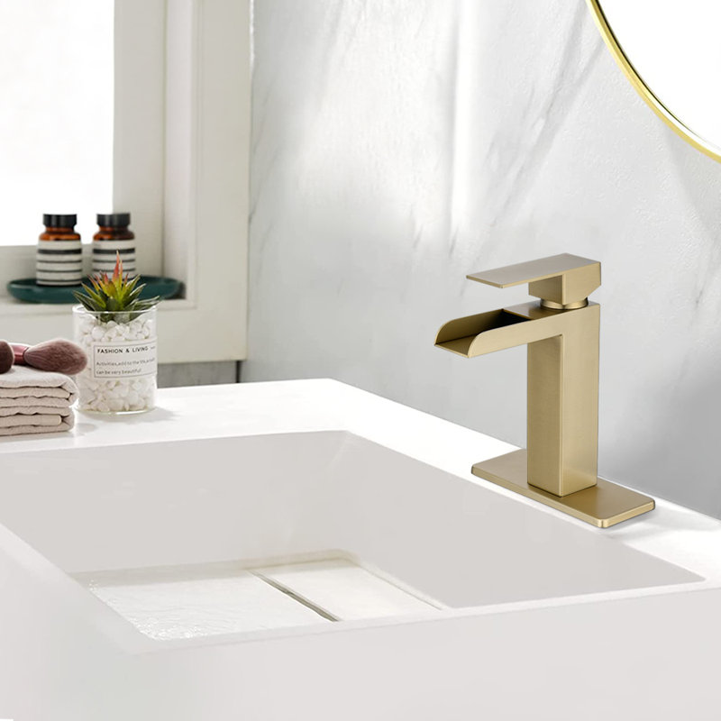 Geometric Waterfall Bathroom Faucet, Single Handle Single Hole Vanity Sink Faucet with Open Channel Spout, Brushed Gold