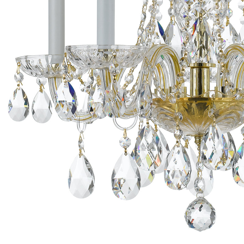 Lustre classique à 5 lumières de style bougie avec détails en cristal Wehr, Laiton poli, Majestueux bois poli
