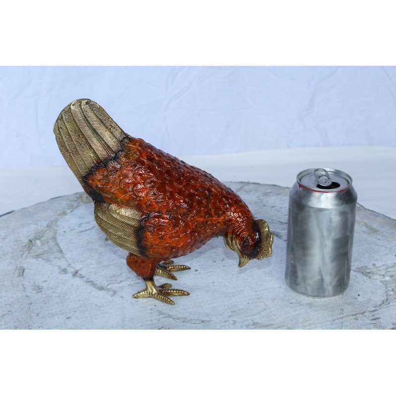 Figurine de poulet en bronze Nifao - Sculpture de ferme en émail rouge avec ailes et queue dorées - Moulage à la cire perdue fabriqué à la main - Collection rustique de décoration de cuisine et maison de campagne 8 po x 4 po x H 7 po