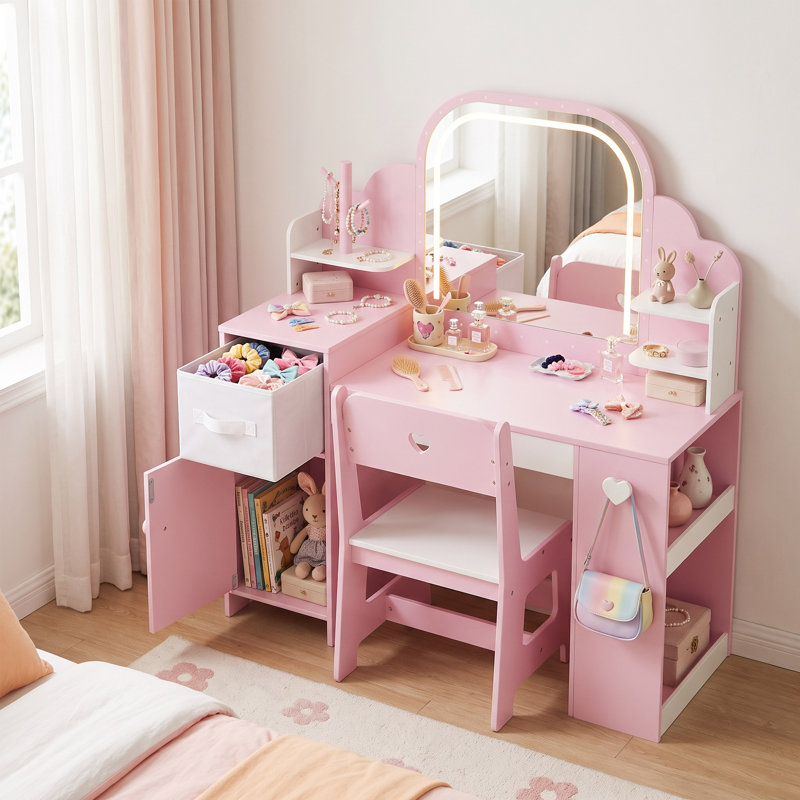 Ensemble de coiffeuse et de chaises pour enfants avec miroir à DEL 3 couleurs, bibliothèque, tiroir et armoire de rangement