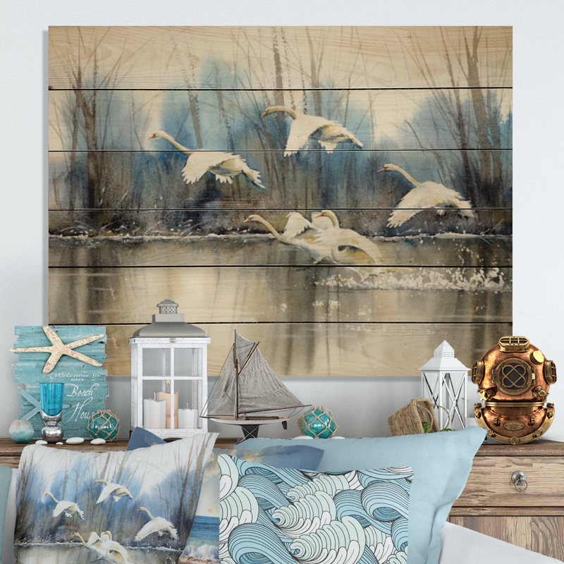 White Swans Flying - Décoration murale traditionnelle en bois, H 8 po x l 12 po x P 1 po