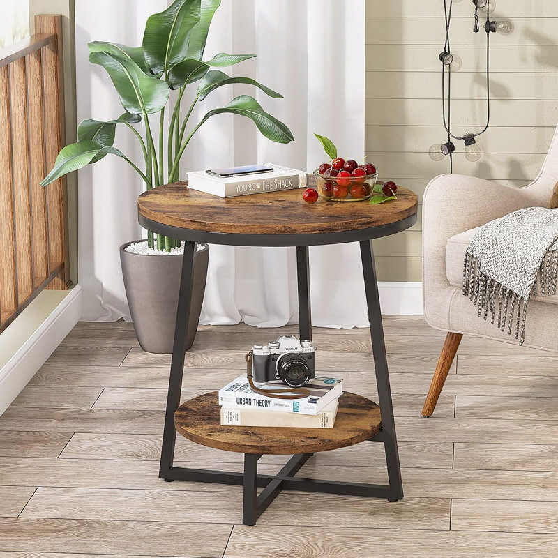 Table de bout industrielle 19,68 pouces avec tablette de rangement, table d'appoint ronde à 2 niveaux pour petits espaces, brun rustique, table de chevet robuste ou table basse